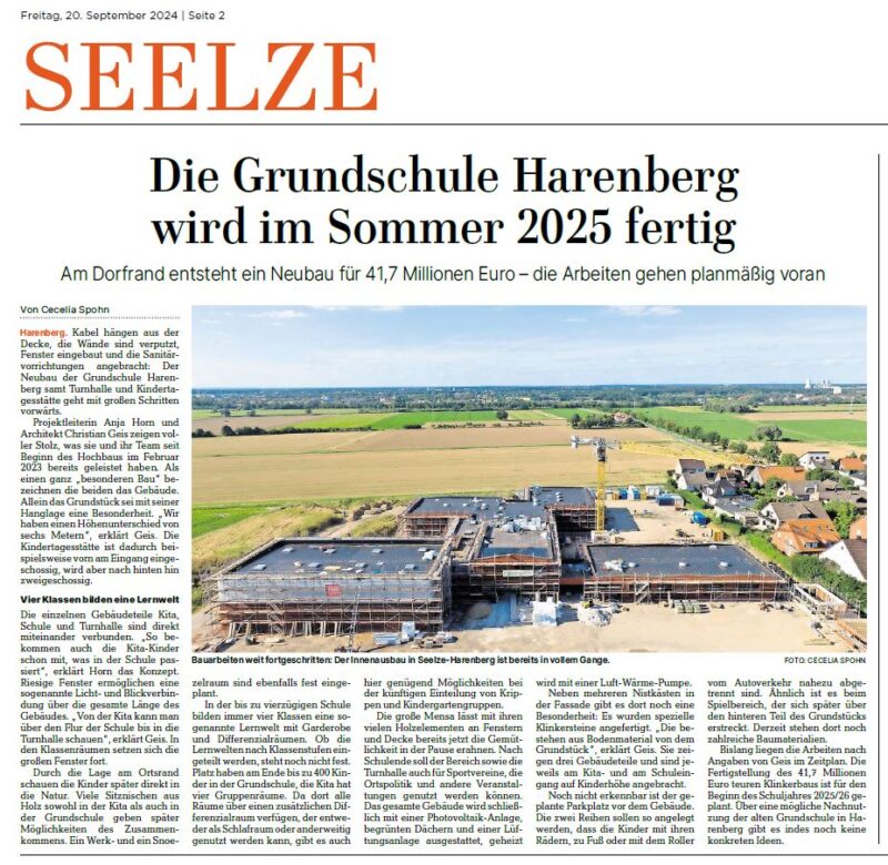 Zeitungsartikel der HAZ, über unseren Schulneubau in Harenberg